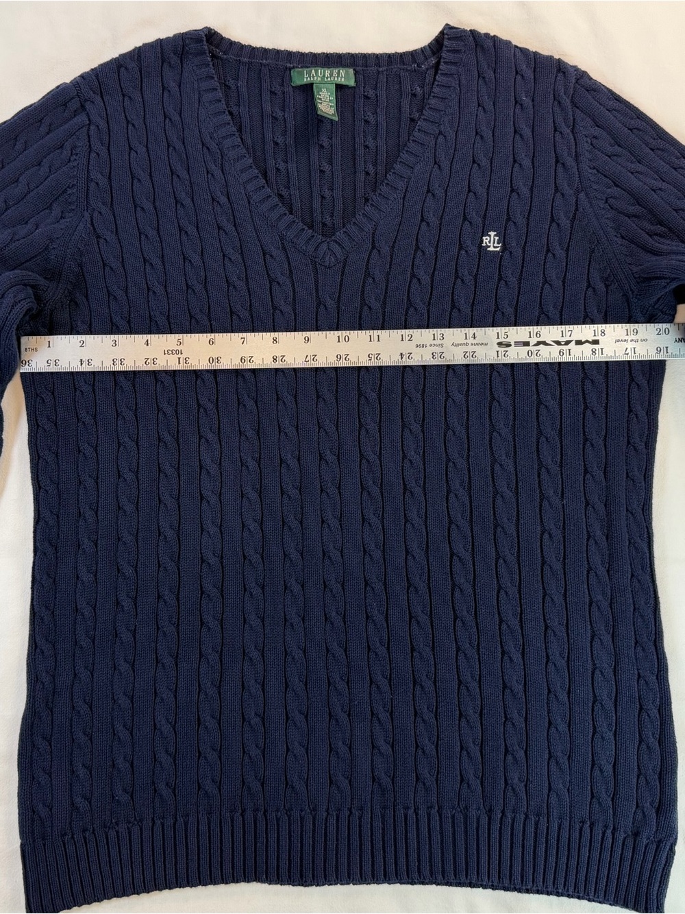 Lauren Ralph Lauren Navy Blue V-Neck Cable Knit Cotton Sweater XL - Picture 4 of 9